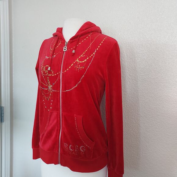 Y2K BCBG Maxazria Red Velour Zip Hoodie w/Rhinestones Size L - Picture 7 of 13
